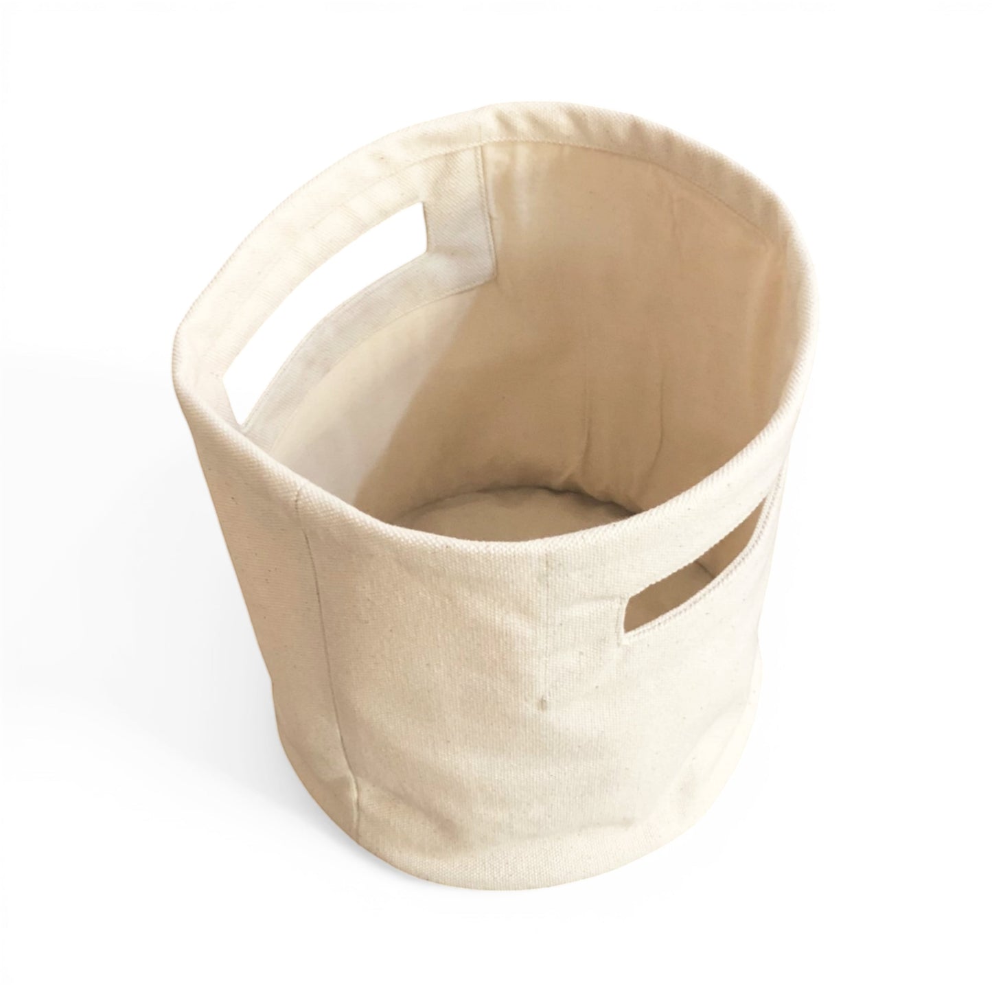 Vliving natural cotton canvas round storage basket with cut-out handles, ideal for home organization.