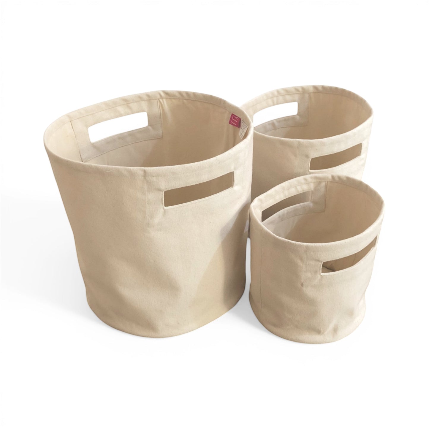 Vliving natural cotton canvas storage baskets with cut-out handles, set of 3 in varying sizes.