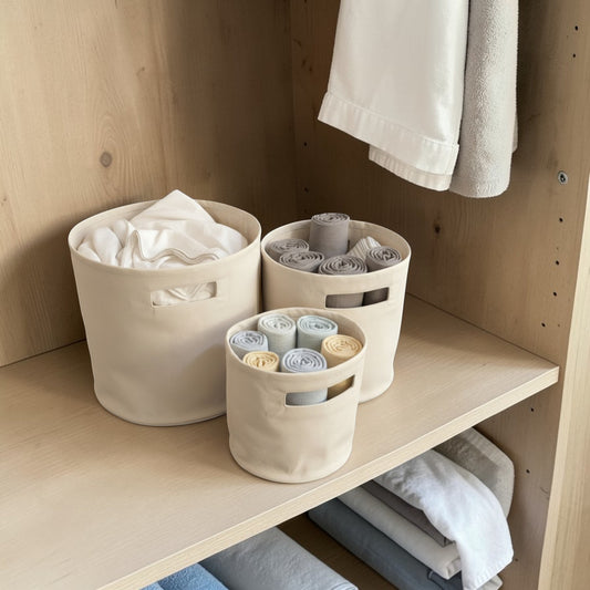 Vliving natural cotton canvas round storage baskets with cut-out handles, shown in a closet organizing rolled towels and linens.