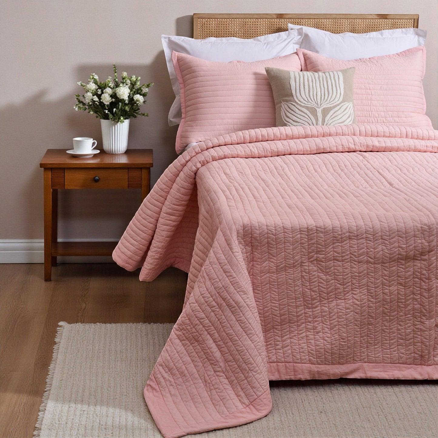 Vliving salmon pink quilted cotton pillow shams with stripe pattern and flange. Set of 2.
