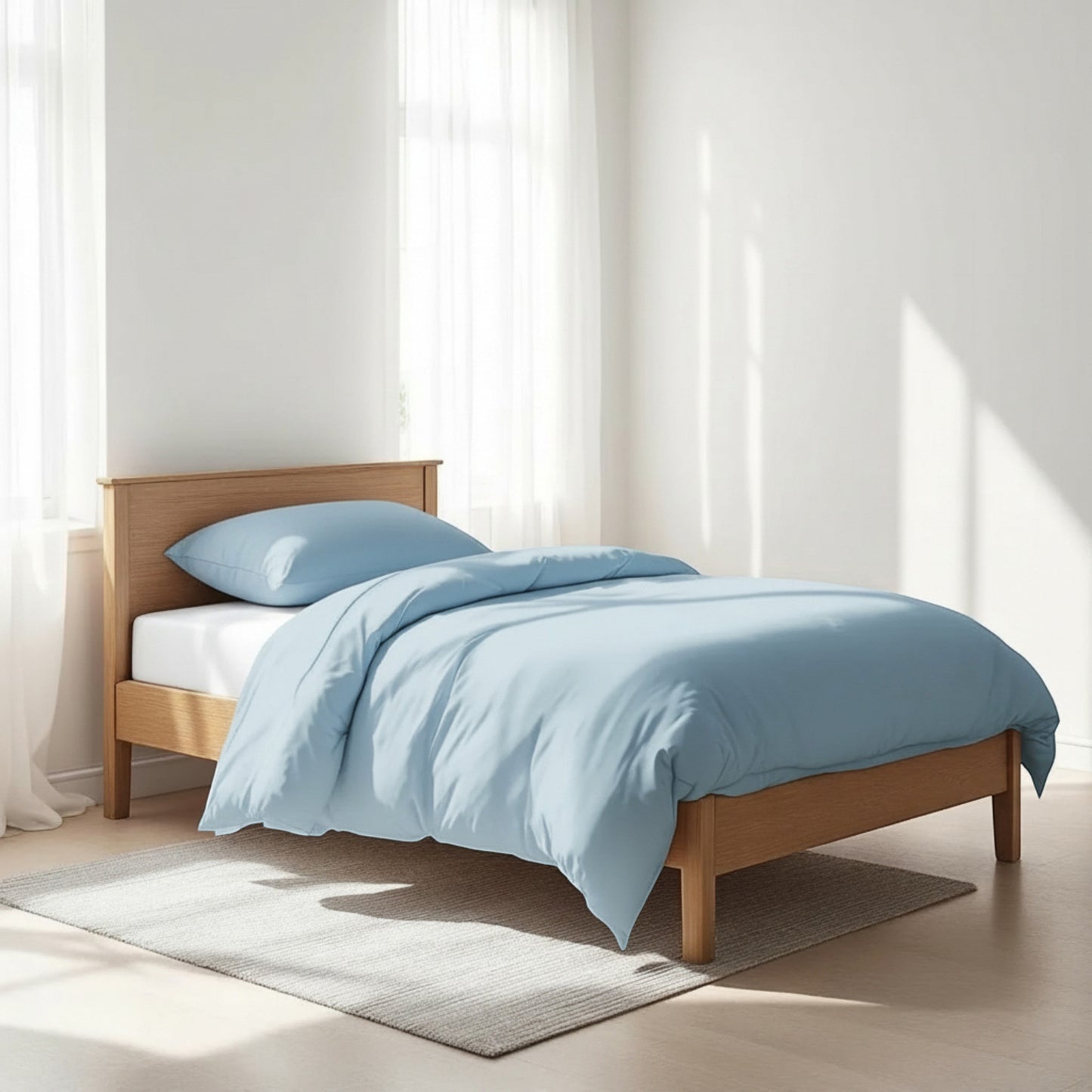Vliving sky blue 300TC cotton percale duvet cover set with pillowcase on a wooden bed.