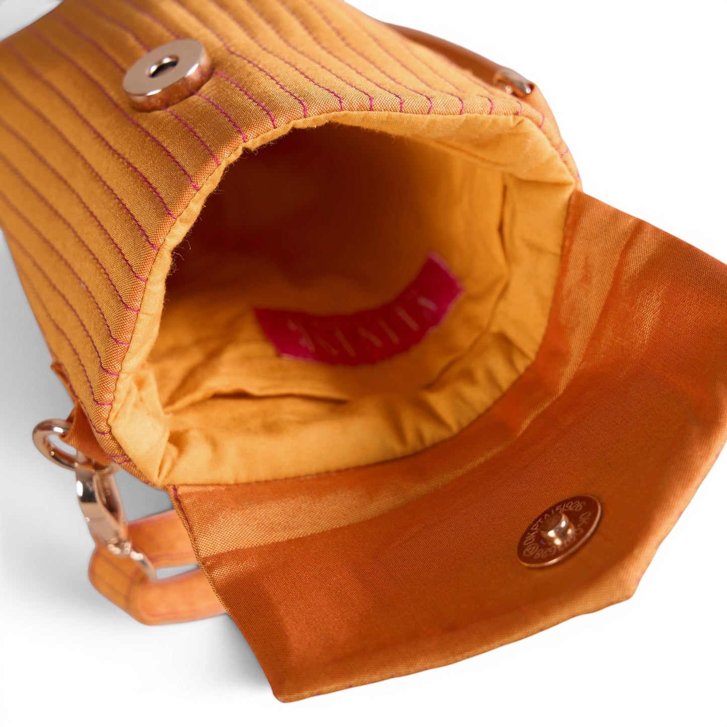 Vliving tangerine quilted faux silk crossbody phone bag with adjustable strap and magnetic closure.