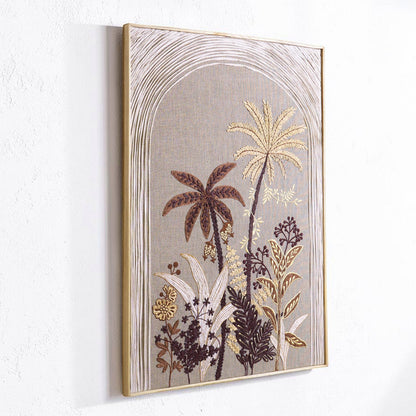 Vliving textured tropical botanical wall art in raffia and linen, featuring palm trees and lush foliage in warm neutral tones.