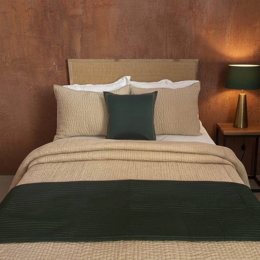 Vliving Tropical Green quilted faux silk bed runner set with embroidered throw pillow cover.