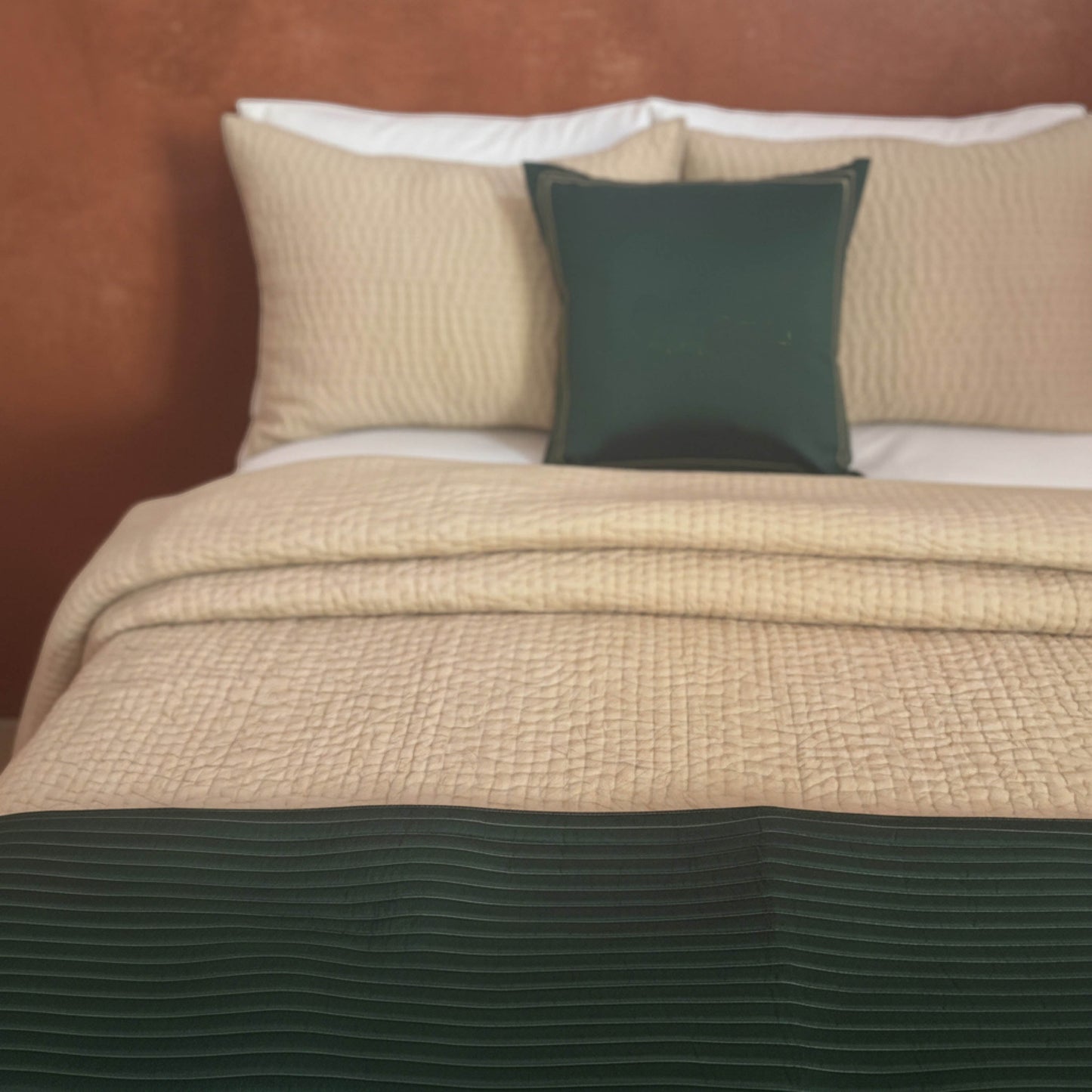 Vliving Tropical Green quilted faux silk bed runner set with stripe pattern and embroidered pillow cover.