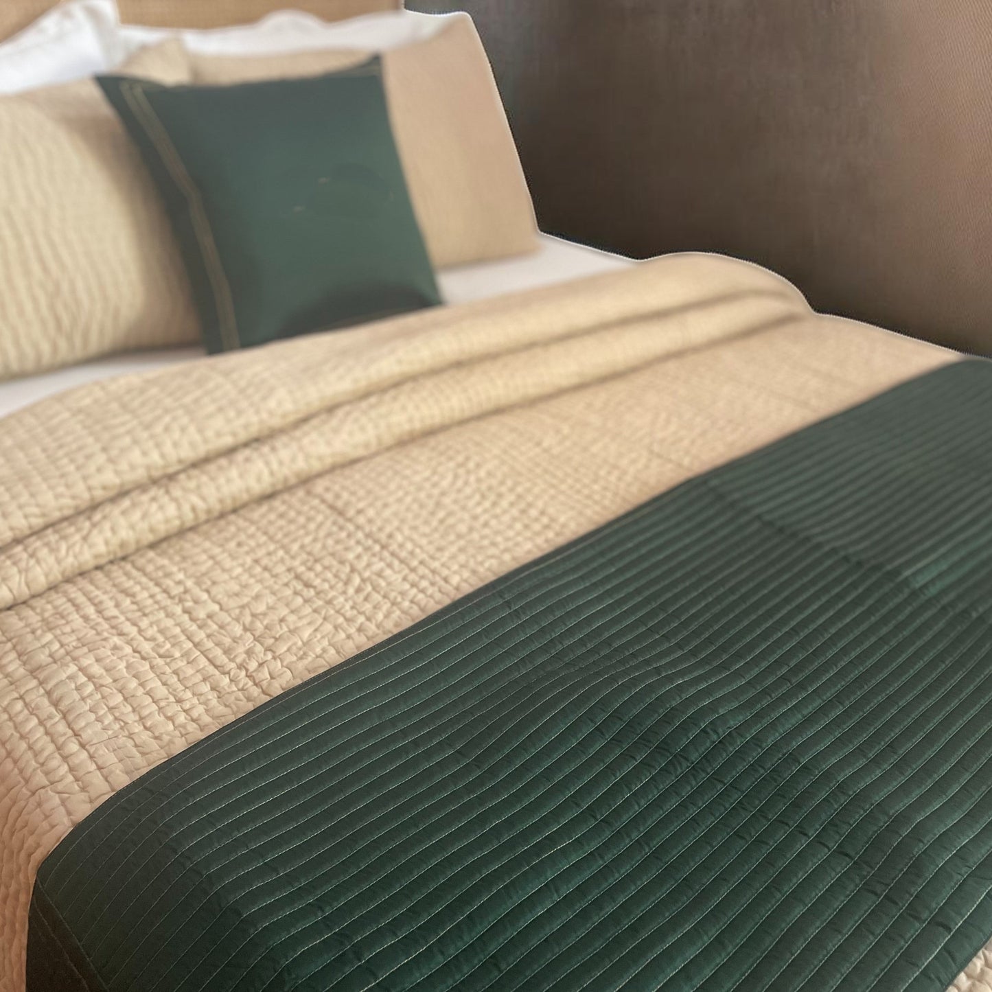 Vliving tropical green quilted faux silk bed runner with stripe pattern and matching throw pillow cover.