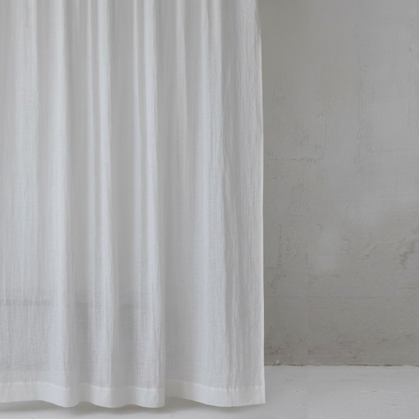Vliving white pure linen curtain panel with a 2-inch top fold and 4-inch bottom hem, offering a soft, natural texture.