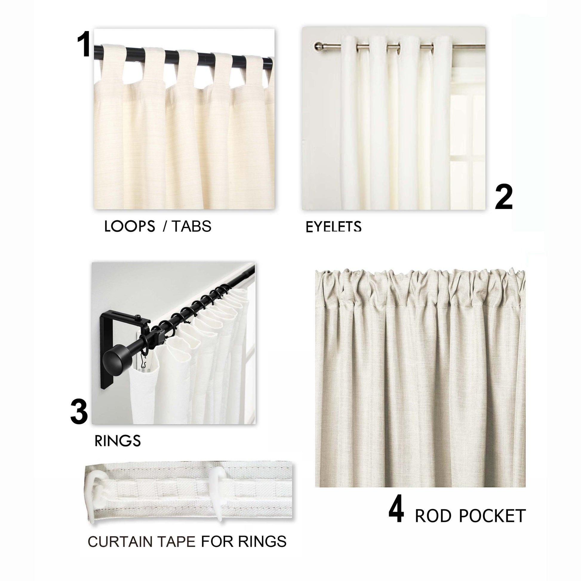 Vliving white pure linen curtain panels shown with four hanging options: loops/tabs, eyelets, rings, and rod pocket.