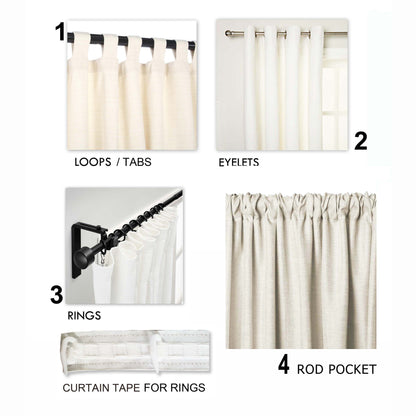 Vliving white pure linen curtain panels shown with four hanging options: loops/tabs, eyelets, rings, and rod pocket.