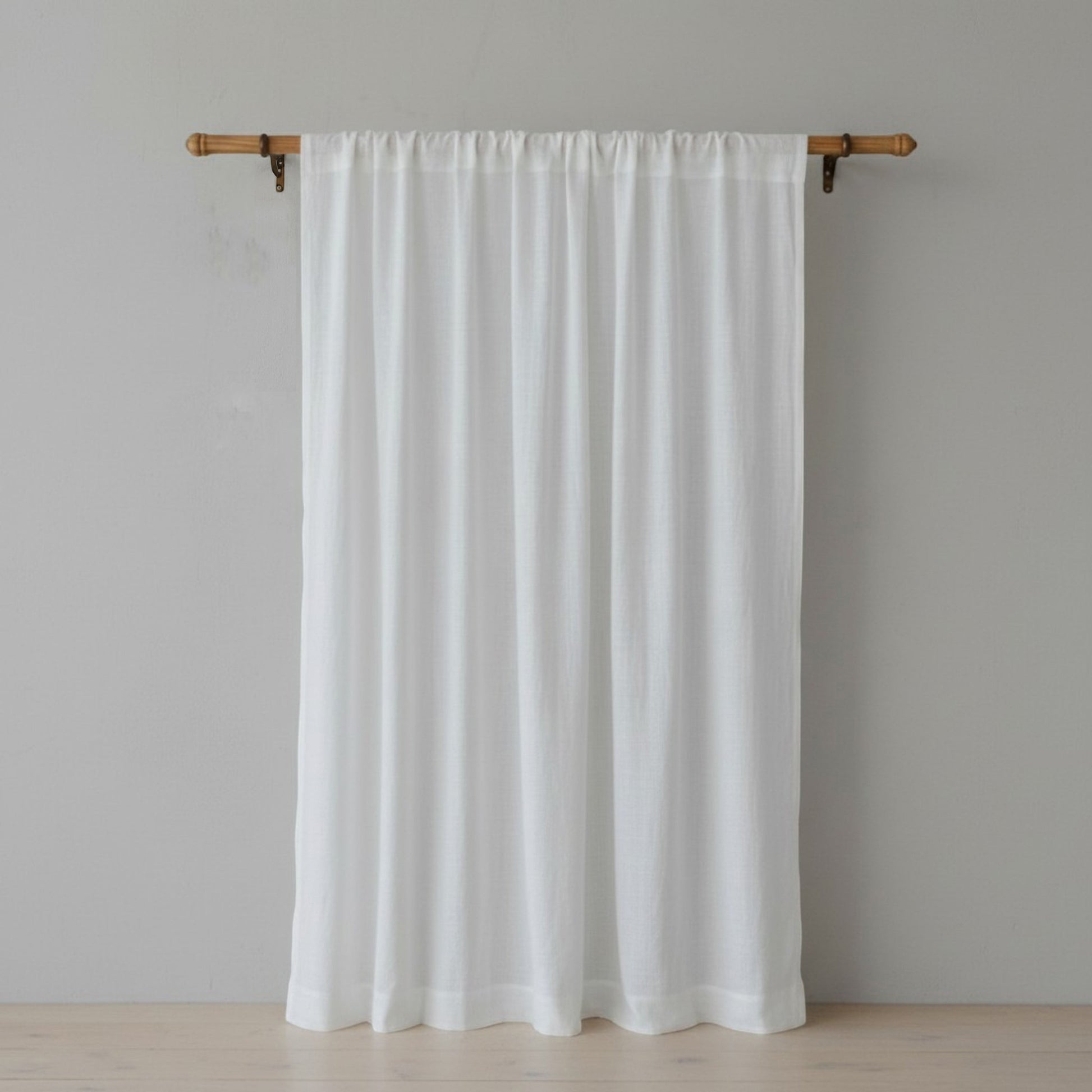 Vliving white pure linen curtain panel with rod pocket top finish, 100% linen, 2-inch fold at top and 4-inch fold at bottom.
