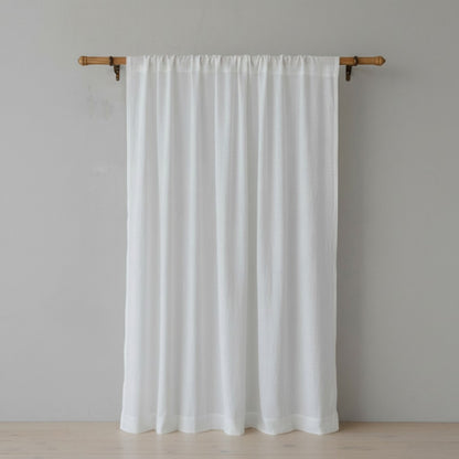 Vliving white pure linen curtain panel with rod pocket top finish, 100% linen, 2-inch fold at top and 4-inch fold at bottom.