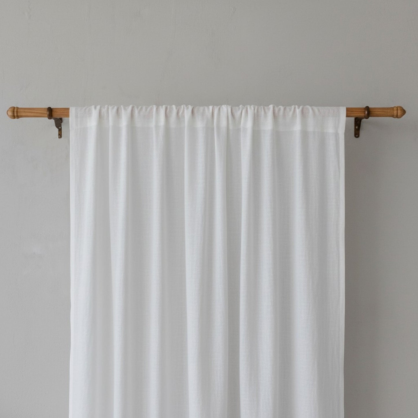 Vliving white pure linen curtain panel with rod pocket top finish, 100% linen, 2-inch fold at top and 4-inch fold at bottom.
