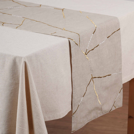 Linen Table Runner – Inspired by Japanese Kintsugi | Gold & White Silk Embroidery