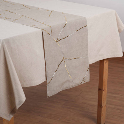 Linen Table Runner – Inspired by Japanese Kintsugi | Gold & White Silk Embroidery