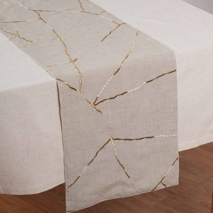 Linen Table Runner – Inspired by Japanese Kintsugi | Gold & White Silk Embroidery