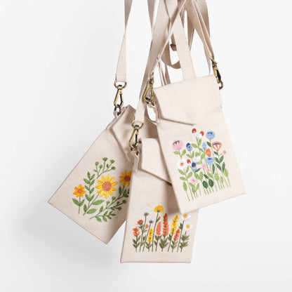 FALL FLOWERS Embroidered Canvas Sling Bag – 5X8 inches - Compact Crossbody with Zip Pocket