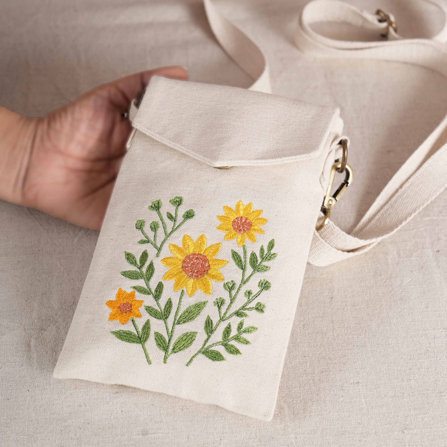 SUNFLOWER Embroidered Canvas Sling Bag – 5X8 inches - Compact Crossbody with Zip Pocket