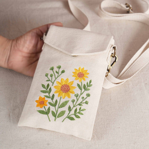SUNFLOWER Embroidered Canvas Sling Bag – 5X8 inches - Compact Crossbody with Zip Pocket