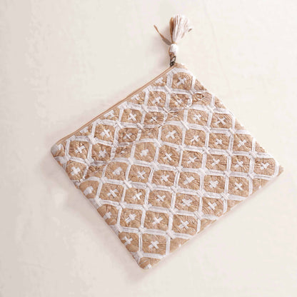 FAUX RAFFIA Foldover Clutch – Hand Interlaced Wicker Weave of Cross Pattern | 6.5” x 10”