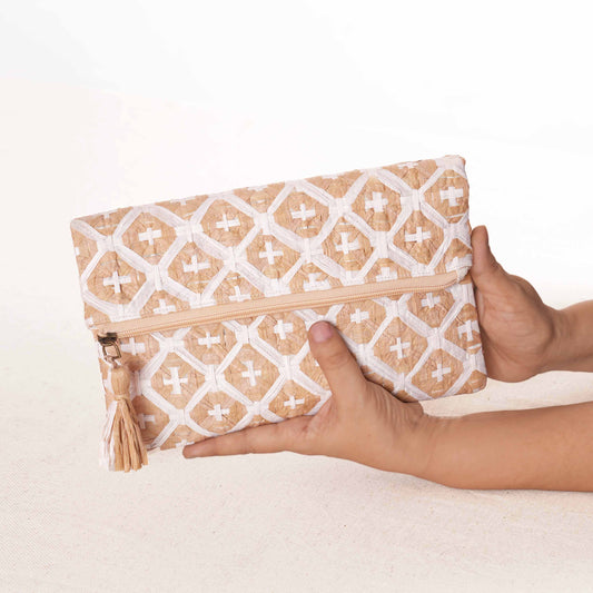 FAUX RAFFIA Foldover Clutch – Hand Interlaced Wicker Weave of Cross Pattern | 6.5” x 10”