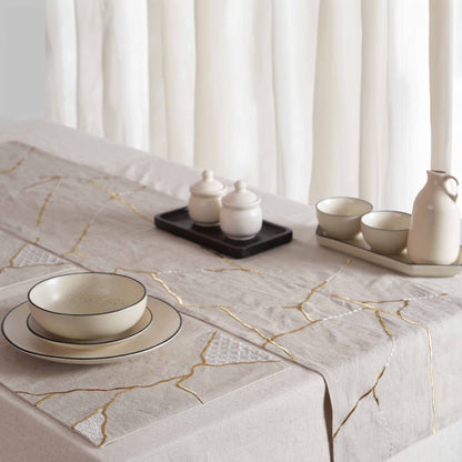 Linen Table Runner – Inspired by Japanese Kintsugi | Gold & White Silk Embroidery