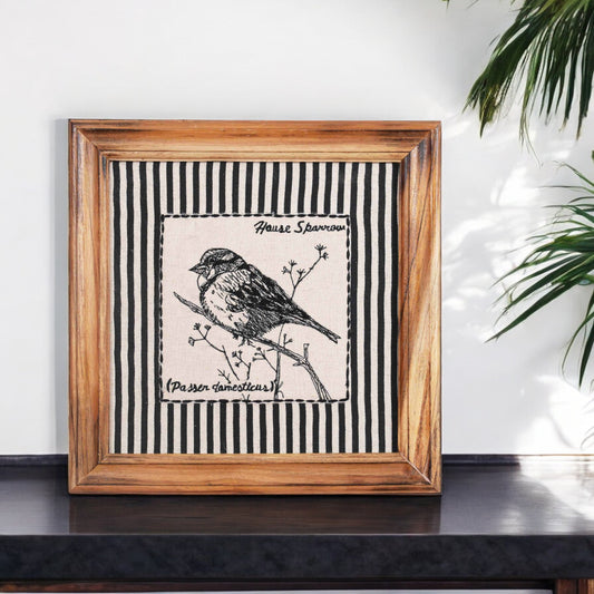 BOTANICAL - HOUSE SPARROW wall art with teak wooden frame, 12X12 inches