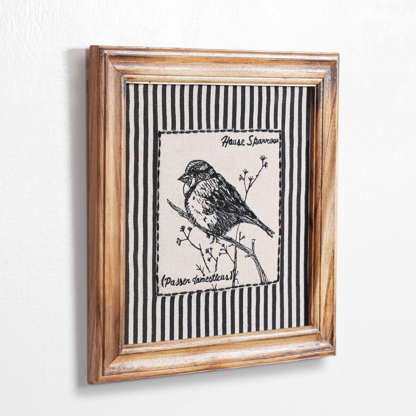 BOTANICAL - HOUSE SPARROW wall art with teak wooden frame, 12X12 inches