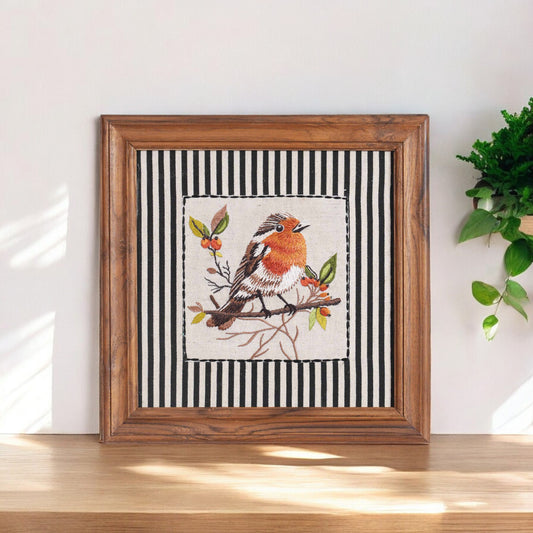BOTANICAL - ORANGE BIRD wall art with teak wooden frame, 12X12 inches