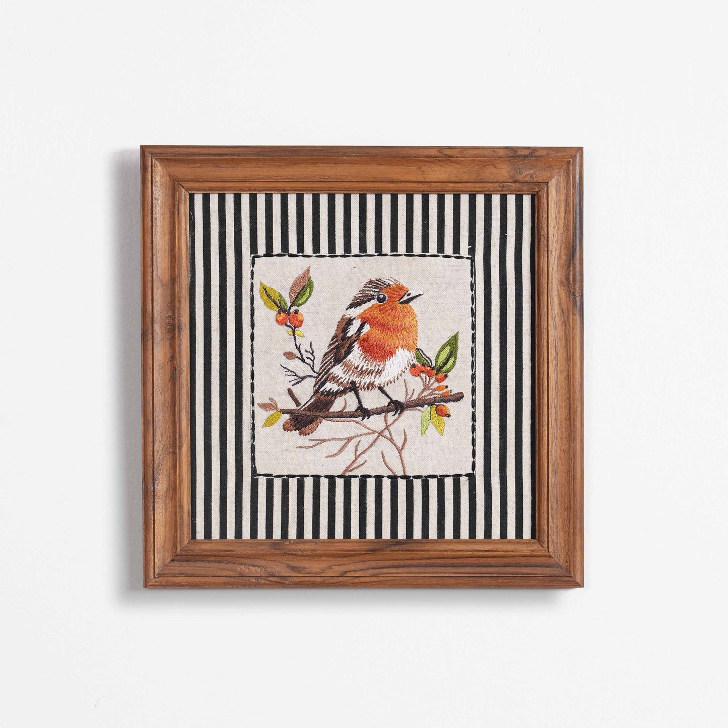 BOTANICAL - ORANGE BIRD wall art with teak wooden frame, 12X12 inches