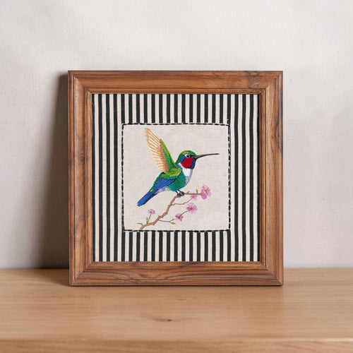 BOTANICAL - Vibrant Kingfisher Embroidered wall art with teak wooden frame | 12X12 & 24X24 inches