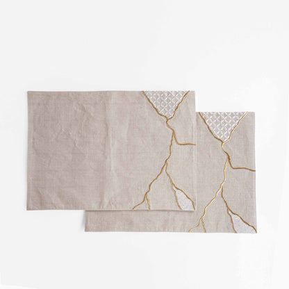 KINTSUGI Pure Linen Table Mats – with Gold & White Embroidery