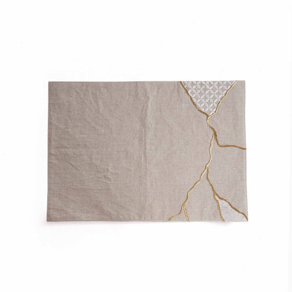 KINTSUGI Pure Linen Table Mats – with Gold & White Embroidery
