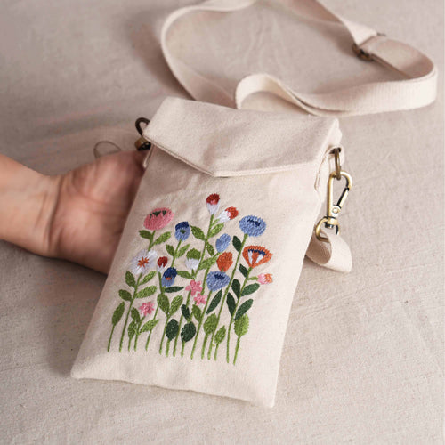 WILD FLOWER Embroidered Canvas Sling Bag – 5X8 inches - Compact Crossbody with Zip Pocket