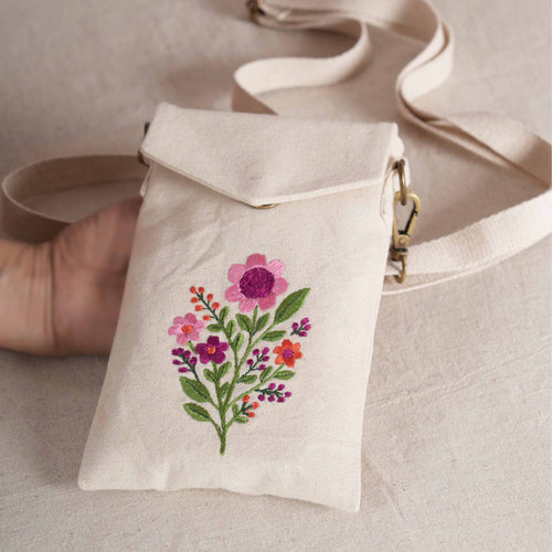 SPRING BLOOM Embroidered Canvas Sling Bag – 5X8 inches - Compact Crossbody with Zip Pocket