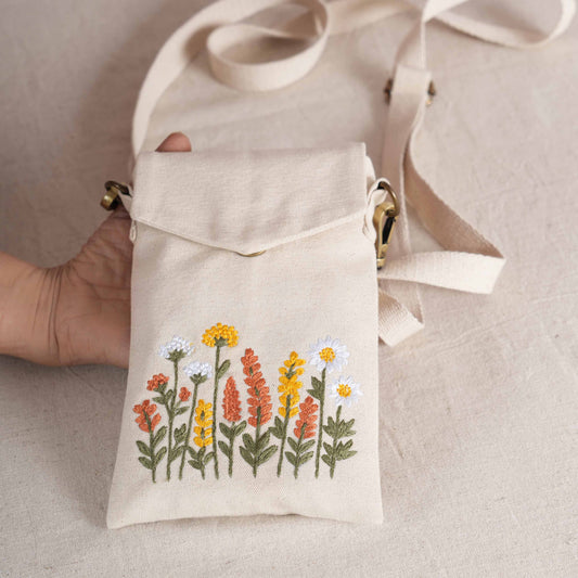 FALL FLOWERS Embroidered Canvas Sling Bag – 5X8 inches - Compact Crossbody with Zip Pocket