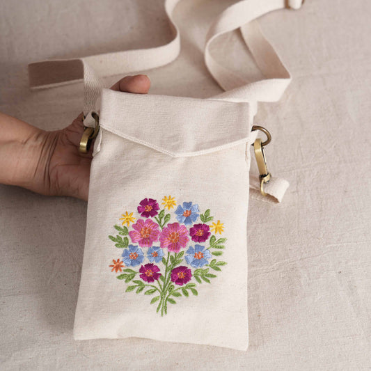 FLORAL BLOOM Embroidered Canvas Sling Bag – 5X8 inches - Compact Crossbody with Zip Pocket