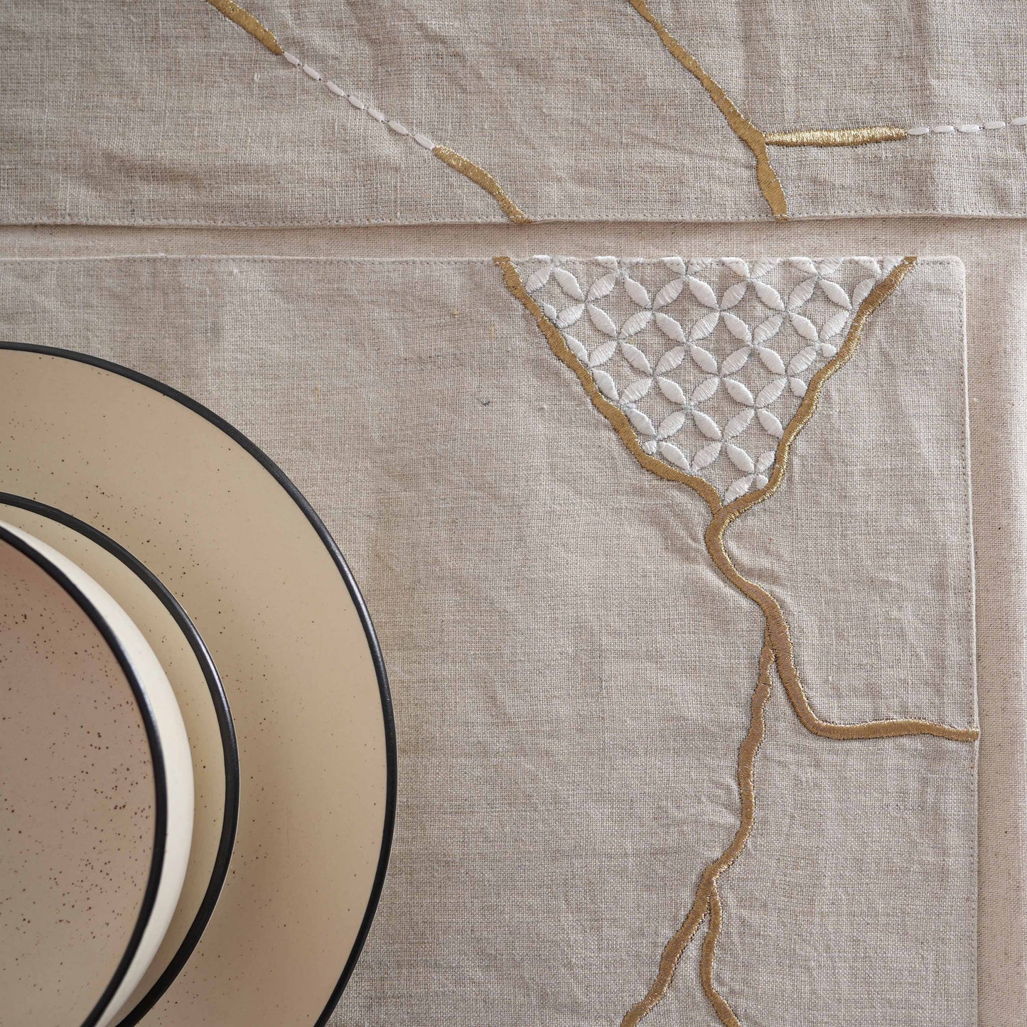 KINTSUGI Pure Linen Table Mats – with Gold & White Embroidery