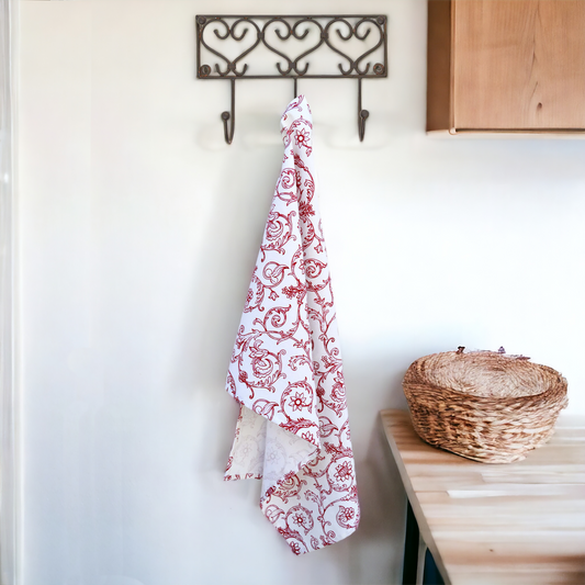 SWIRL Kitchen towel, red swirl print on white, victorian pattern, 100% cotton, size 20"X28"