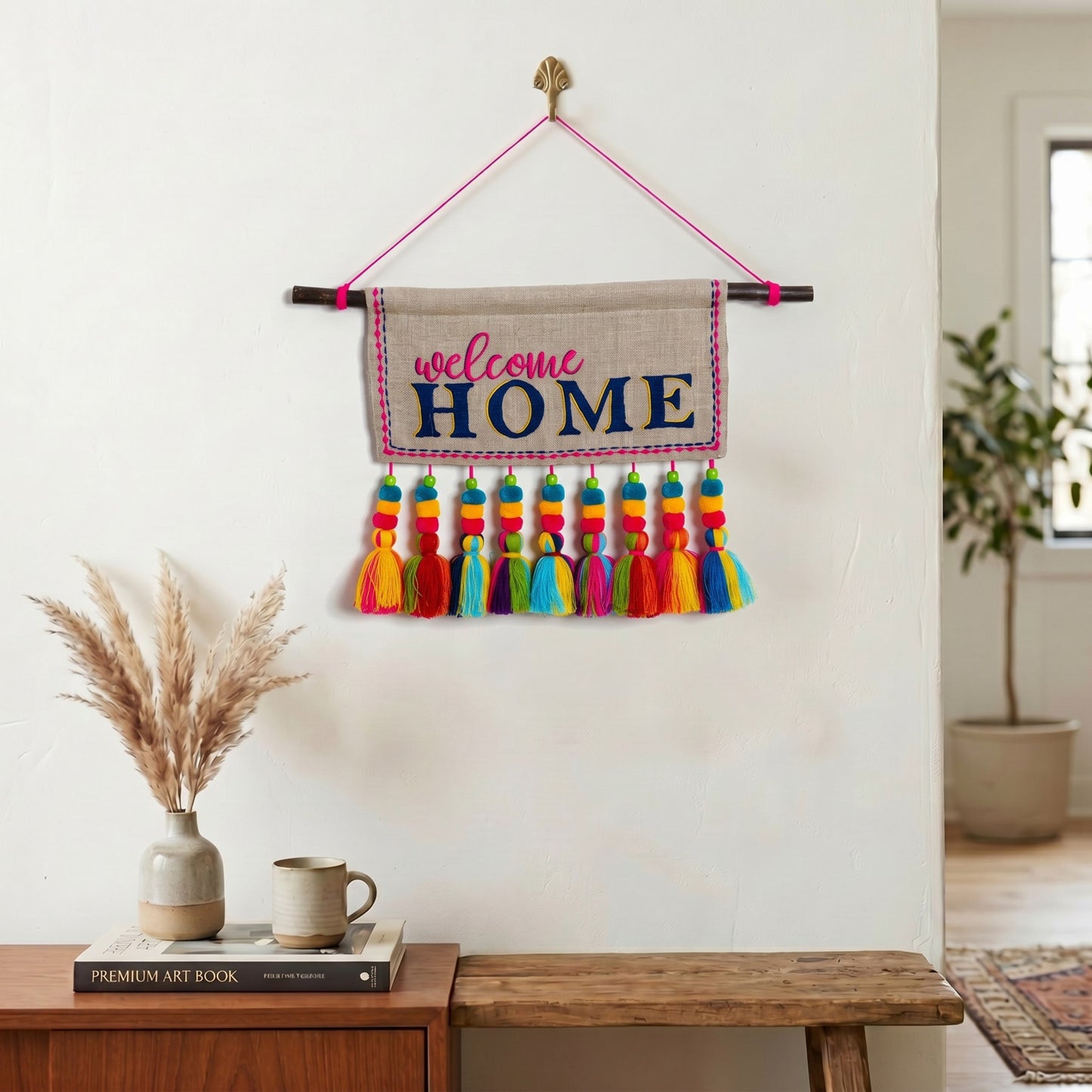 Embroidered Linen Quotation Wall Art with Multicolour Tassels