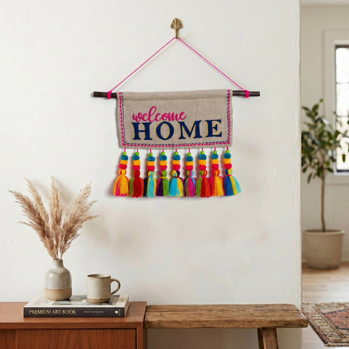 Embroidered Linen Quotation Wall Art with Multicolour Tassels