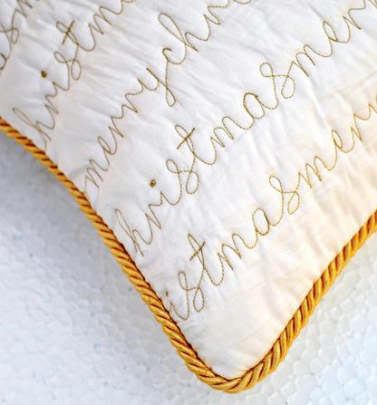 Christmas pillow cover, white and gold, script, merry Christmas, quilted, embroidered cushion cover