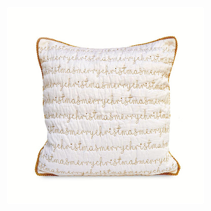 Christmas pillow cover, white and gold, script, merry Christmas, quilted, embroidered cushion cover