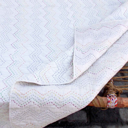 WHITE Kantha quilt - chevron pattern quilting - Quilt set / Quilt / Pillow case available