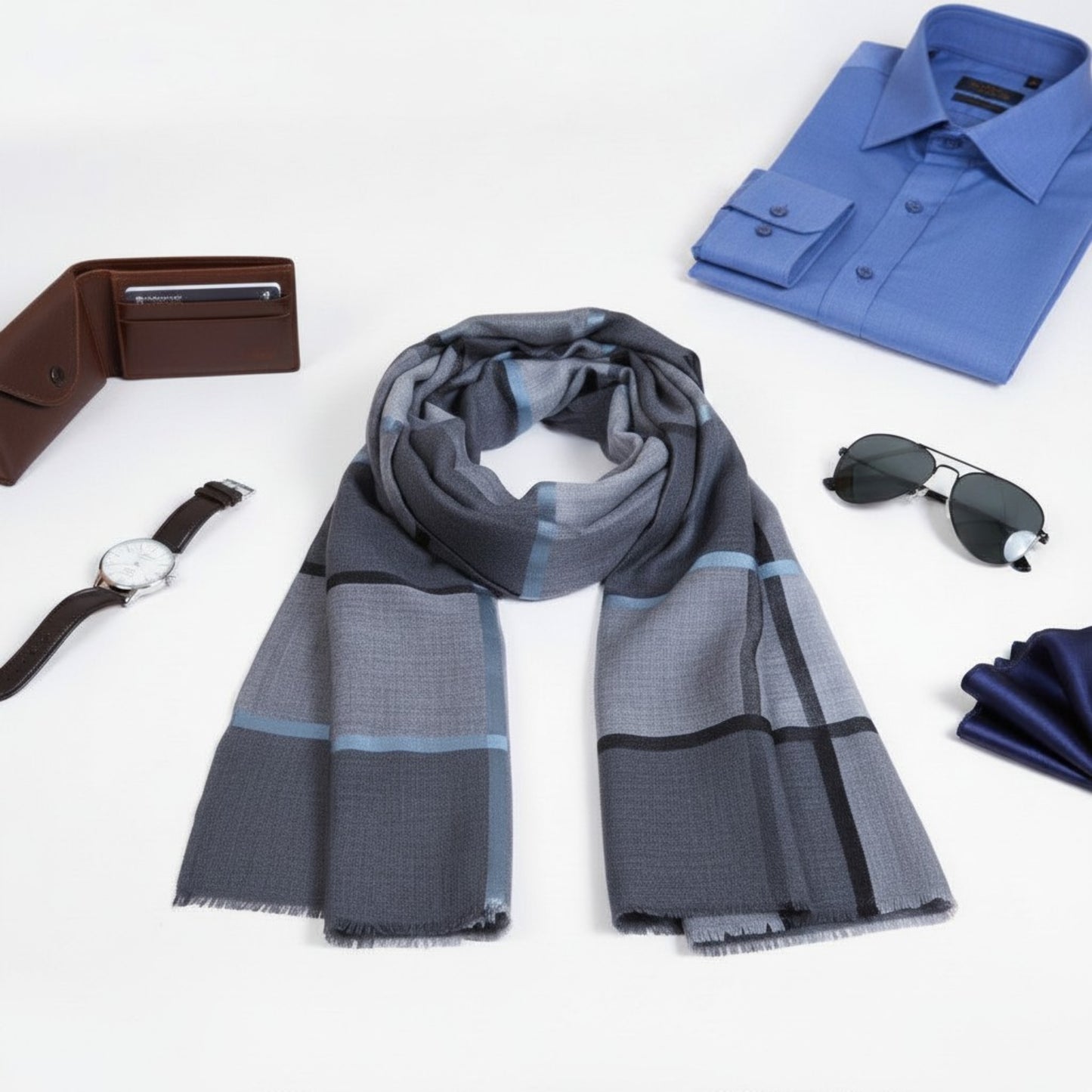 Grey Check Fine Wool Blend Scarf for Men | Charcoal Windowpane Stole - Vliving