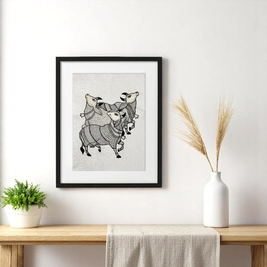 Quilted Textile WALL ART, Gondal art COWS, black and white and beige, 20X26 inches