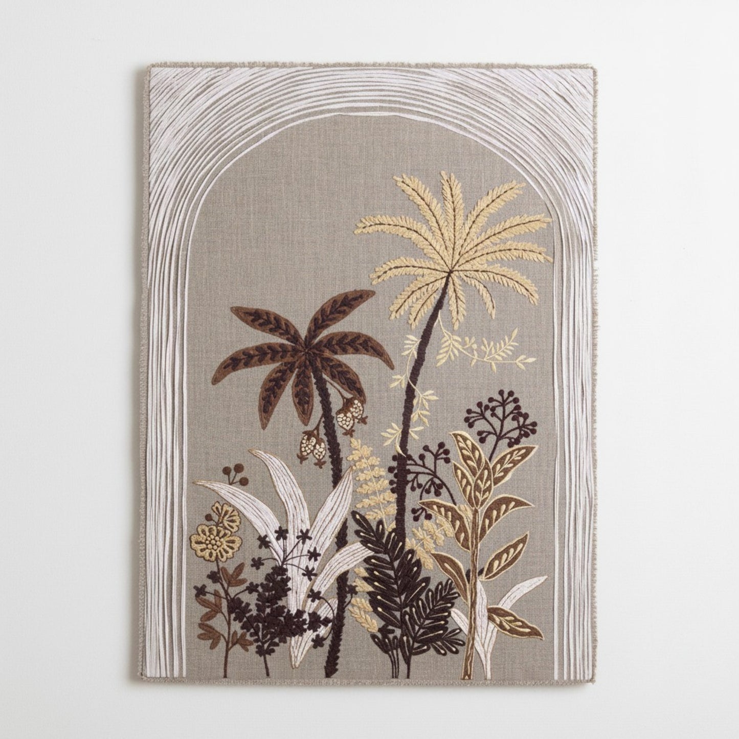 Raffia Embroidered Palm theme Wall Art on Natural Linen | Unframed or Framed | 20X26 inches - Vliving