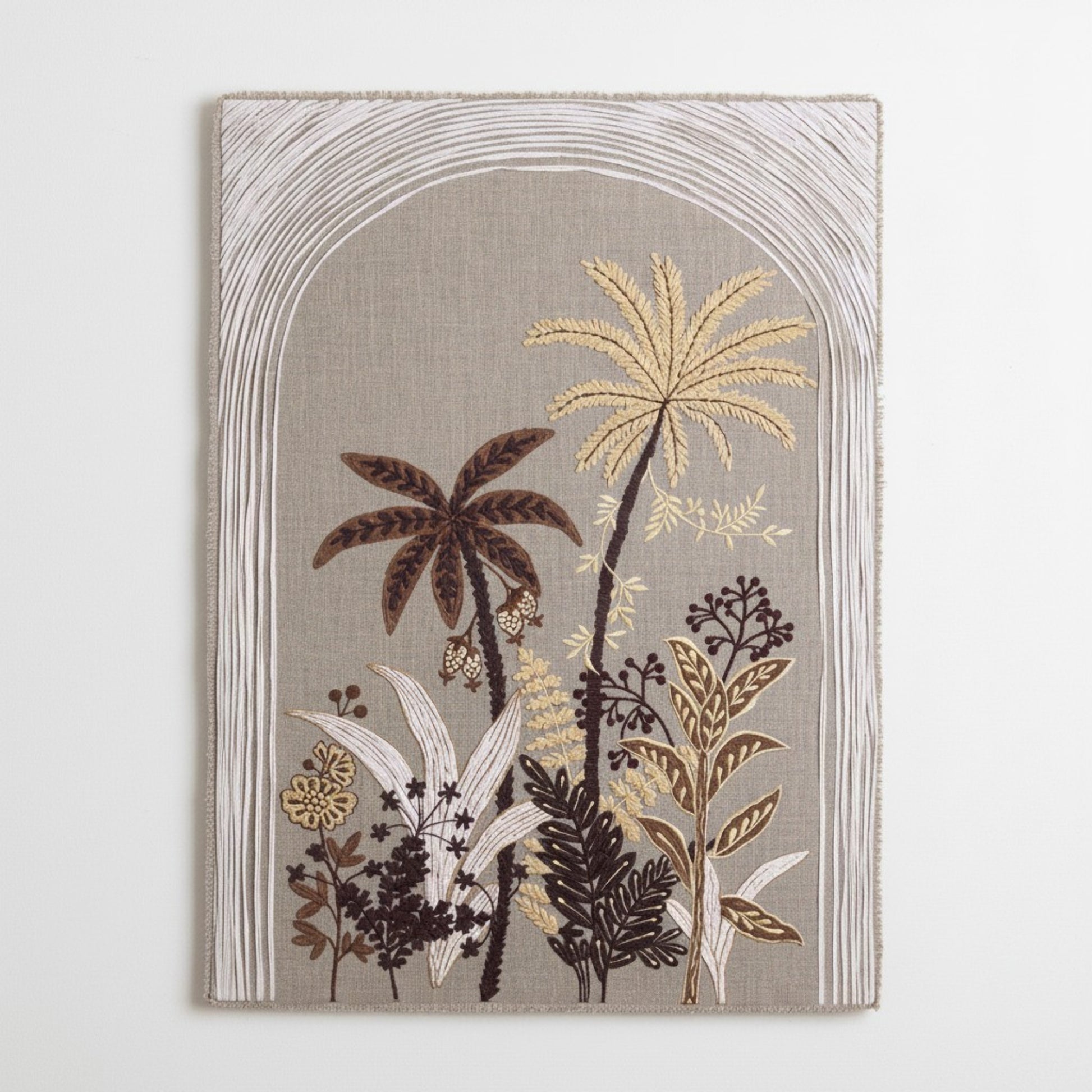 Raffia Embroidered Palm theme Wall Art on Natural Linen | Unframed or Framed | 20X26 inches - Vliving