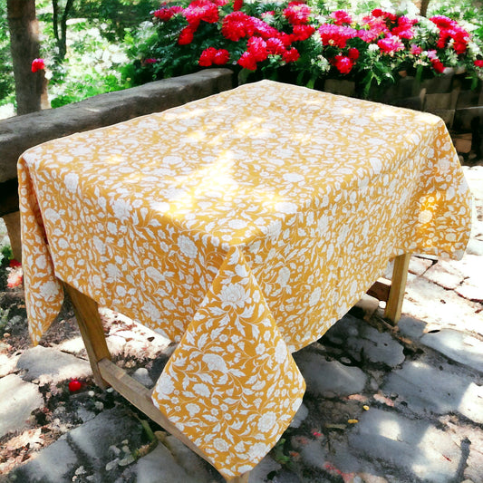 Yellow Kalamkari Cotton Tablecloth – White Floral Print | 3 Sizes | Vliving