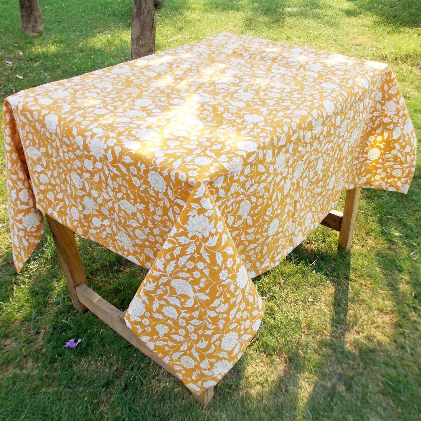 Yellow Kalamkari Cotton Tablecloth – White Floral Print | 3 Sizes | Vliving