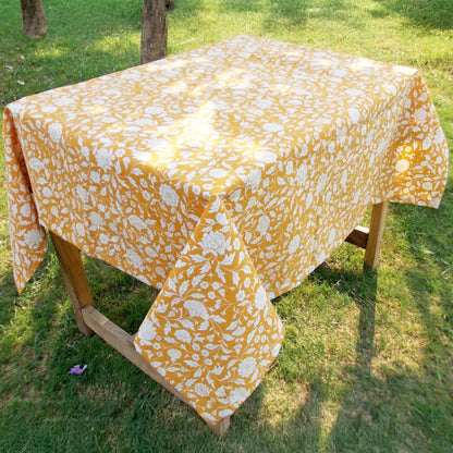 Yellow Kalamkari Cotton Tablecloth – White Floral Print | 3 Sizes | Vliving